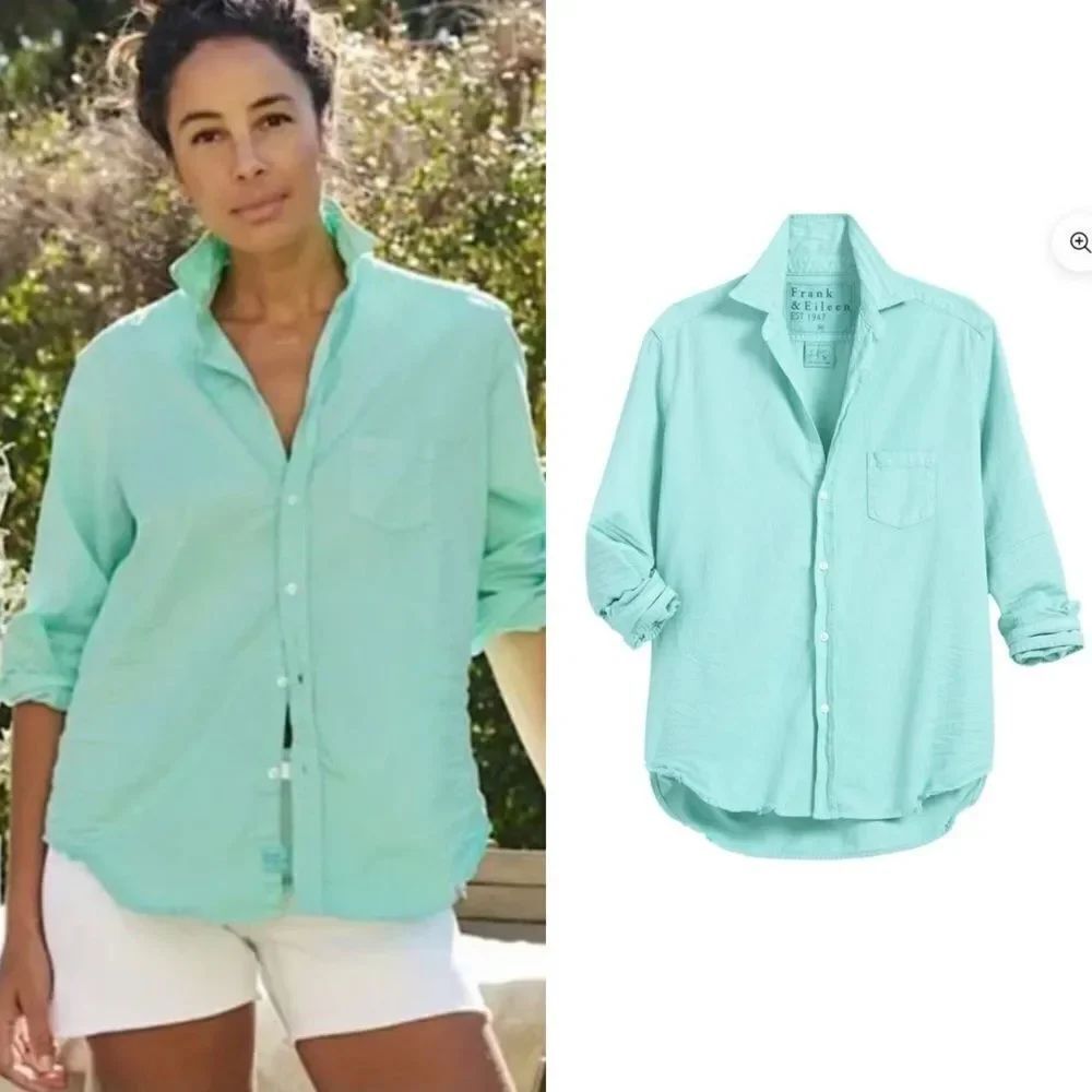 Frank & Eileen Shirley Mint Button-Up Shirt Blue Green Oversized Size XS